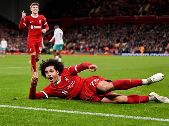 Jayden Danns of Liverpool celebrates after scoring the third goal during the Emirates FA Cup Fifth Round match between Liverpool and Southampton at Anfield on February 28, 2024 in Liverpool, England. (Photo by Andrew Powell/Liverpool FC via Getty Images)