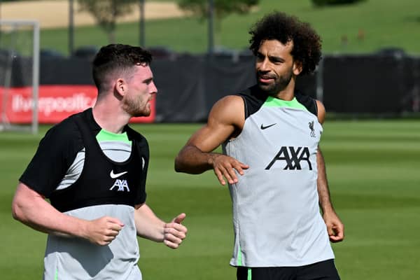 Liverpool pair Andy Robertson and Mo Salah. (Photo by Andrew Powell/Liverpool FC via Getty Images) 