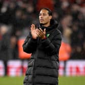 Virgil van Dijk captain of Liverpool showing his appreciation to the fans at the end of the Emirates FA Cup Fifth Round match between Liverpool and Southampton at Anfield on February 28, 2024 in Liverpool, England. (Photo by Andrew Powell/Liverpool FC via Getty Images)