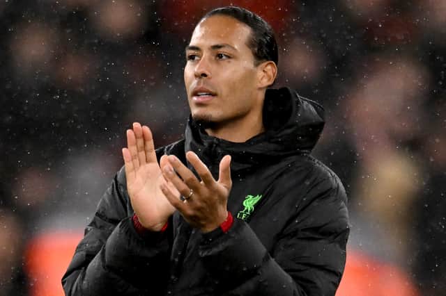 Virgil van Dijk captain of Liverpool showing his appreciation to the fans at the end of the Emirates FA Cup Fifth Round match between Liverpool and Southampton at Anfield on February 28, 2024 in Liverpool, England. (Photo by Andrew Powell/Liverpool FC via Getty Images)