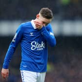 James Garner of Everton reacts during the Premier League match between Everton FC and West Ham United at Goodison Park on March 02, 2024 in Liverpool, England. (Photo by James Gill/Getty Images)