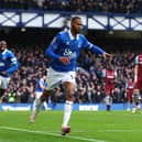Beto of Everton celebrates scoring his team's first goal during the Premier League match between Everton FC and West Ham United at Goodison Park on March 02, 2024 in Liverpool, England. (Photo by Alex Livesey/Getty Images)