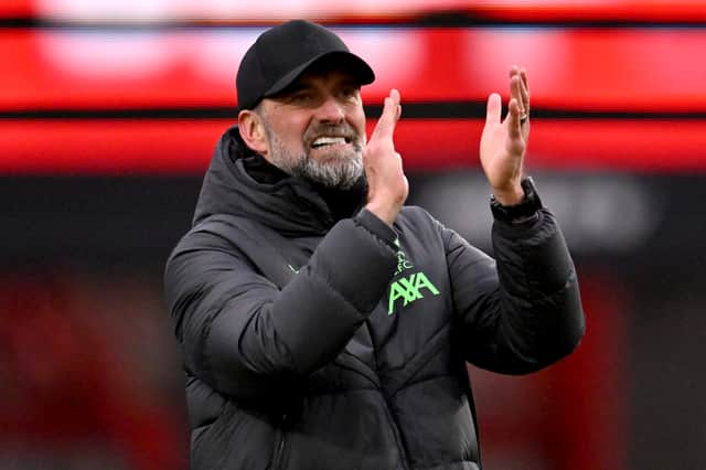 Jurgen Klopp manager of Liverpool showing his appreciation to the fans at the end of the Premier League match between Nottingham Forest and Liverpool FC at City Ground on March 02, 2024 in Nottingham, England. (Photo by Andrew Powell/Liverpool FC via Getty Images)