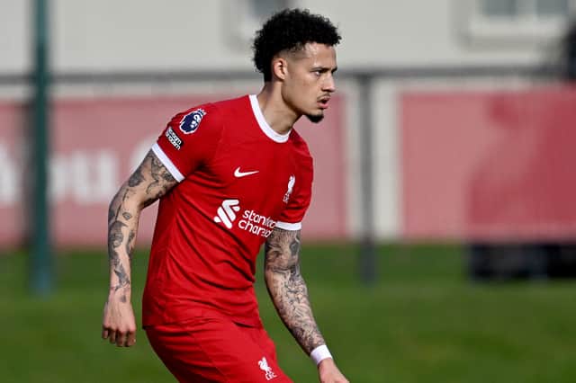 Rhys Williams of Liverpool in action during the Liverpool v Aston Villa PL2 game at AXA Training Centre on March 03, 2024 in Kirkby, England. (Photo by Nick Taylor/Liverpool FC/Liverpool FC via Getty Images)