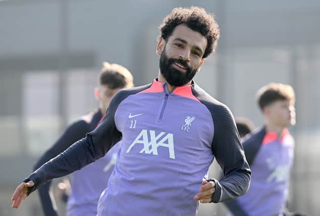 Mohamed Salah of Liverpool during a training session at AXA Training Centre prior to the UEFA Europa League 2023/24 round of 16 first leg training and press conference on March 06, 2024 in Kirkby, England. (Photo by Nick Taylor/Liverpool FC/Liverpool FC via Getty Images)