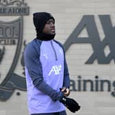 Ibrahima Konate of Liverpool during a training session at AXA Training Centre prior to the UEFA Europa League 2023/24 round of 16 first leg training and press conference on March 06, 2024 in Kirkby, England. (Photo by Nick Taylor/Liverpool FC/Liverpool FC via Getty Images)