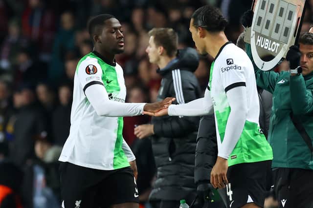 Ibrahima Konate of Liverpool is substituted off for teammate Virgil van Dijk during the UEFA Europa League 2023/24 round of 16 first leg match between AC Sparta Praha and Liverpool FC at Letna Stadium on March 07, 2024 in Prague, Czech Republic. (Photo by Alexander Hassenstein/Getty Images)