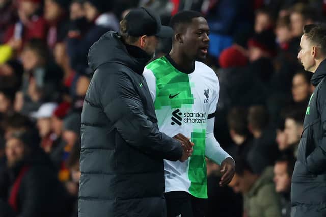 Ibrahima Konate was forced off in Liverpool's win over Sparta Prague. (Photo by Alexander Hassenstein/Getty Images)