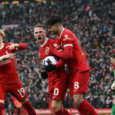 Alexis Mac Allister of Liverpool celebrates after scoring the first Liverpool goal during the Premier League match between Liverpool FC and Manchester City at Anfield on March 10, 2024 in Liverpool, England. (Photo by John Powell/Liverpool FC via Getty Images)