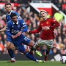 Alejandro Garnacho of Manchester United is fouled by Ben Godfrey of Everton during the Premier League match between Manchester United and Everton FC at Old Trafford on March 09, 2024 in Manchester, England. (Photo by Matthew Peters/Manchester United via Getty Images)