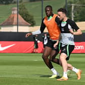 Ibrahima Konate and Diogo Jota of Liverpool during a training session. (Photo by Nick Taylor/Liverpool FC/Liverpool FC via Getty Images)