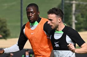 Ibrahima Konate and Diogo Jota of Liverpool during a training session. (Photo by Nick Taylor/Liverpool FC/Liverpool FC via Getty Images)