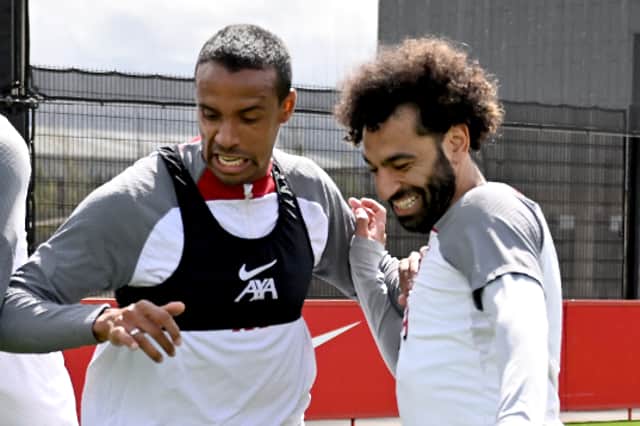 Joel Matip and Mohamed Salah of Liverpool during a training session. (Photo by Andrew Powell/Liverpool FC via Getty Images)