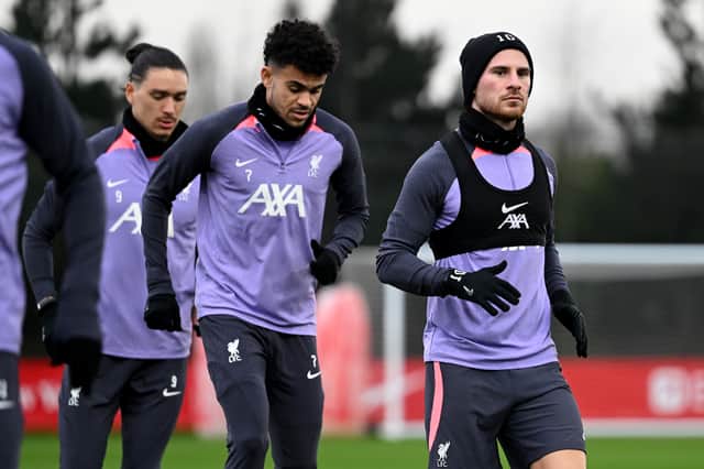 Alexis Mac Allister of Liverpool during a training session at AXA Training Centre during the UEFA Europa League 2023/24 round of 16 first leg training and press conference at  on March 13, 2024 in Liverpool, England. (Photo by Nick Taylor/Liverpool FC/Liverpool FC via Getty Images)