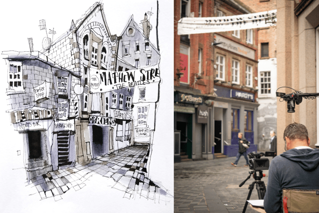 Artists Ian Fennelly sketches Matthew Street in Liverpool. Image: Ian Fennelly/Urban Sketch Course