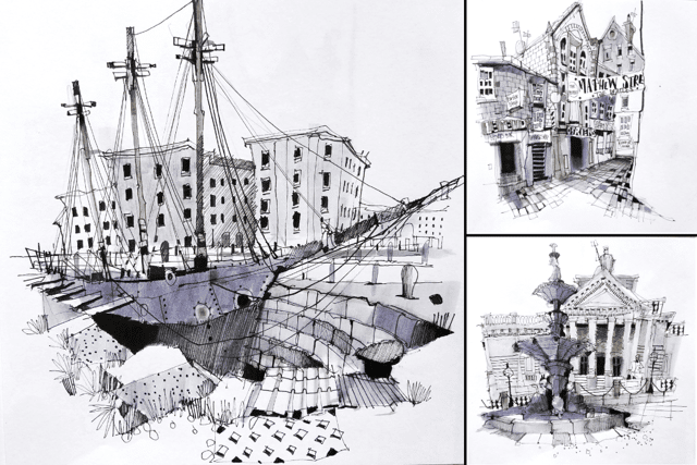 Artists Ian Fennelly's sketches of Albert Dock, Matthew Street and Steble Fountain in Liverpool. Image: Ian Fennelly/Urban Sketch Course