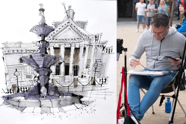 Artists Ian Fennelly sketches Steble Fountain in Liverpool. Image: Ian Fennelly/Urban Sketch Course