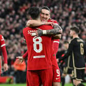 Darwin Nunez of Liverpool celebrates after scoring the opening goal  during the UEFA Europa League 2023/24 round of 16 second leg match between Liverpool FC and AC Sparta Praha at Anfield on March 14, 2024 in Liverpool, England. (Photo by John Powell/Liverpool FC via Getty Images)