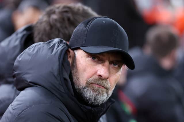 Jurgen Klopp, Manager of Liverpool, looks on prior to the UEFA Europa League 2023/24 round of 16 second leg match between Liverpool FC and AC Sparta Praha at Anfield on March 14, 2024 in Liverpool, England. (Photo by Alex Livesey/Getty Images)
