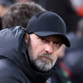 Jurgen Klopp, Manager of Liverpool, looks on prior to the UEFA Europa League 2023/24 round of 16 second leg match between Liverpool FC and AC Sparta Praha at Anfield on March 14, 2024 in Liverpool, England. (Photo by Alex Livesey/Getty Images)
