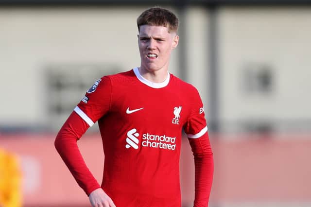 Carter Pinnington of Liverpool looks on during the Premier League 2 match between Liverpool FC U21 and Chelsea FC U21 at The Kirkby Academy on December 17, 2023 in Kirkby, England. (Photo by Liverpool FC/Liverpool FC via Getty Images)