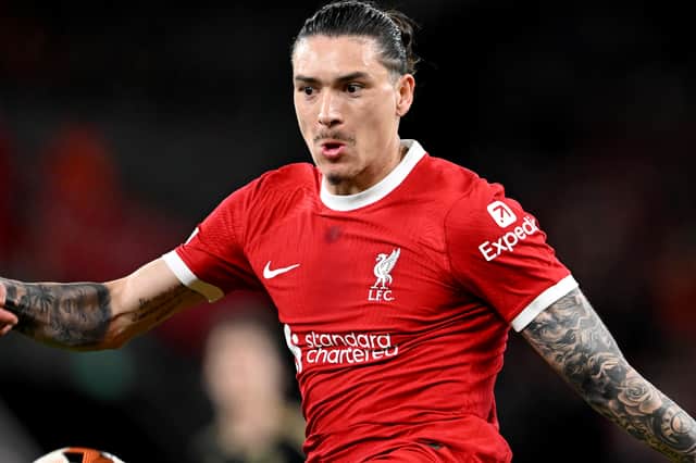 Darwin Nunez of Liverpool in action during the UEFA Europa League 2023/24 round of 16 second leg match between Liverpool FC and AC Sparta Praha at Anfield on March 14, 2024 in Liverpool, England. (Photo by Nick Taylor/Liverpool FC/Liverpool FC via Getty Images)