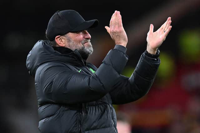 Jurgen Klopp manager of Liverpool showing his appreciati the UEFA Europa League 2023/24 round of 16 second leg match between Liverpool FC and AC Sparta Praha at Anfield on March 14, 2024 in Liverpool, England. (Photo by John Powell/Liverpool FC via Getty Images)