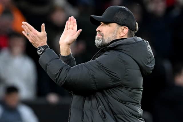 Manager Jurgen Klopp of Liverpool shows his appreciation to the fans after the Emirates FA Cup Quarter Final at Old Trafford on March 17, 2024 in Manchester, England. (Photo by Nick Taylor/Liverpool FC/Liverpool FC via Getty Images)
