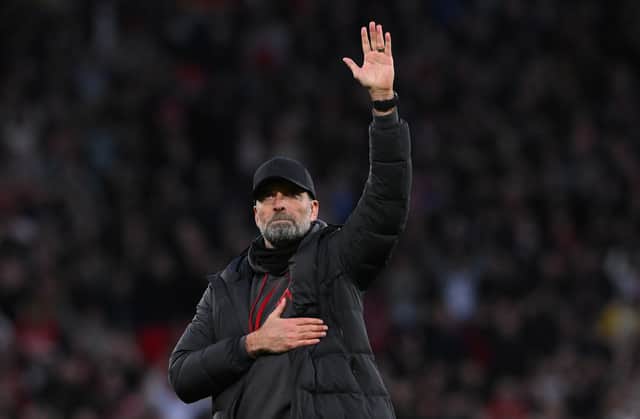  Liverpool manager Jurgen Klopp salutes the Liverpool fans after the Emirates FA Cup Quarter Final match between Manchester United and Liverpool at Old Trafford on March 17, 2024 in Manchester, England. (Photo by Stu Forster/Getty Images)