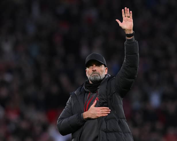  Liverpool manager Jurgen Klopp salutes the Liverpool fans after the Emirates FA Cup Quarter Final match between Manchester United and Liverpool at Old Trafford on March 17, 2024 in Manchester, England. (Photo by Stu Forster/Getty Images)