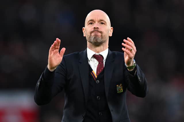 Erik ten Hag, manager of Manchester United looks on after the Emirates FA Cup Quarter Final between Manchester United and Liverpool FC at Old Trafford on March 17, 2024 in Manchester, England. (Photo by Michael Regan/Getty Images)