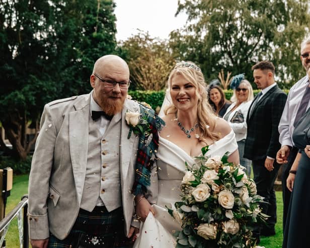 Lucinda Rose, 39, and partner Ian Brown, 43, on their wedding day. Image: Till Death Studios / SWNS