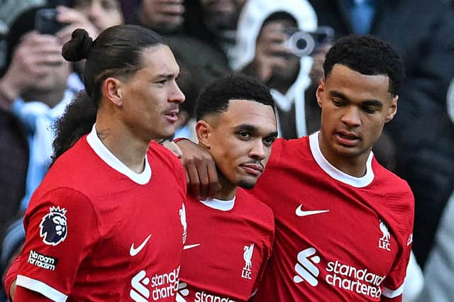 Liverpool trio Darwin Nunez, Trent Alexander-Arnold and Cody Gakpo. (Photo by John Powell/Liverpool FC via Getty Images)