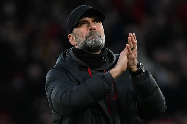 Jurgen Klopp manager of Liverpool showing his appreciation to the fans at the end of the game at Old Trafford on March 17, 2024 in Manchester, England. (Photo by John Powell/Liverpool FC via Getty Images)