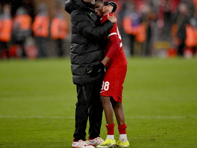 Jurgen Klopp manager of Liverpool embracing Trey Nyoni of Liverpool at the end of the Emirates FA Cup Fifth Round match between Liverpool and Southampton at Anfield on February 28, 2024 in Liverpool, England. (Photo by Andrew Powell/Liverpool FC via Getty Images)