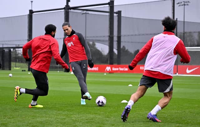 Virgil van Dijk captain of Liverpool during a training session at AXA Training Centre on March 28, 2024 in Kirkby, England.  (Photo by Andrew Powell/Liverpool FC via Getty Images)