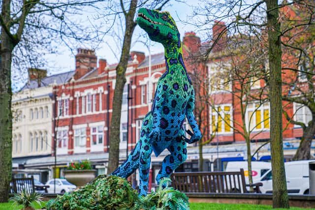 One of the 15 lego dinosaurs taking over Southport as part of the DinoTown event. Image: Bertie Cunningham, Southport BID