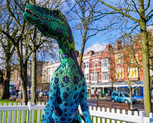 One of the 15 lego dinosaurs taking over Southport as part of the DinoTown event. Image: Bertie Cunningham, Southport BID