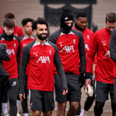  Mohamed Salah of Liverpool during a training session at AXA Training Centre on March 28, 2024 in Kirkby, England.  (Photo by Andrew Powell/Liverpool FC via Getty Images)