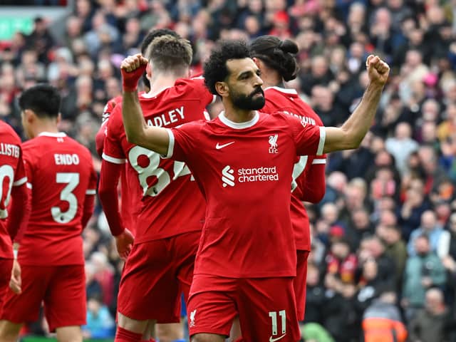 Mo Salah celebrates scoring for Liverpool against Brighton. (Photo by John Powell/Liverpool FC via Getty Images)