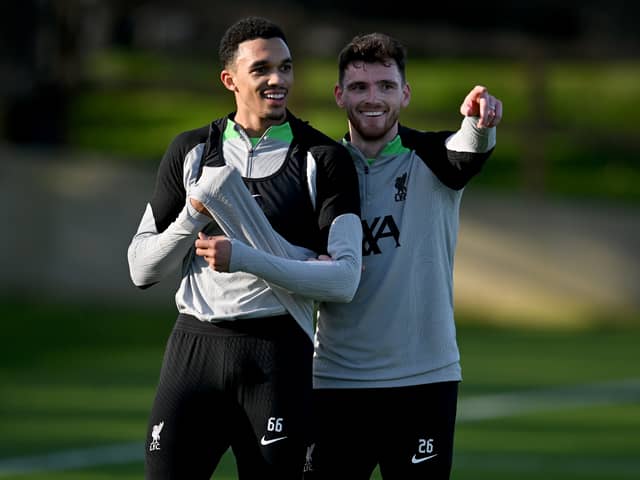 Liverpool pair Trent Alexander-Arnold and Andy Robertson. (Photo by Andrew Powell/Liverpool FC via Getty Images)