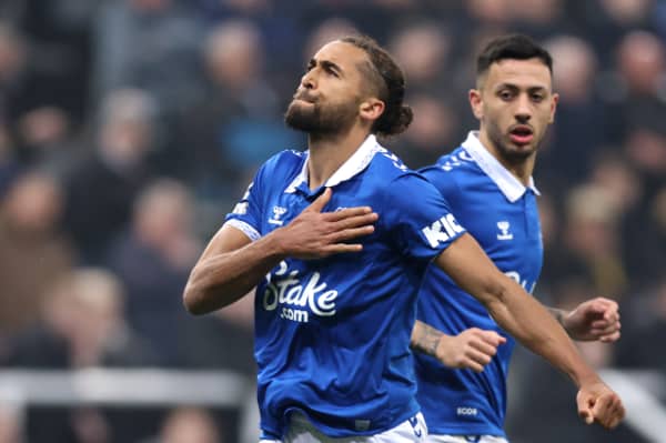 Dominic Calvert-Lewin of Everton celebrates scoring his team's first goal from a penalty kick during the Premier League match between Newcastle United and Everton FC at St. James Park on April 02, 2024 in Newcastle upon Tyne, England. (Photo by George Wood/Getty Images) (Photo by George Wood/Getty Images)