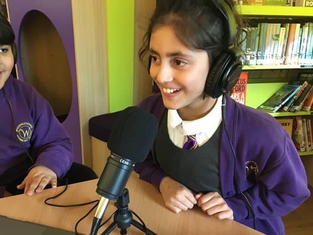 Pupils at Whitefield Primary School record the Digisafe podcast. Image: NSPCC
