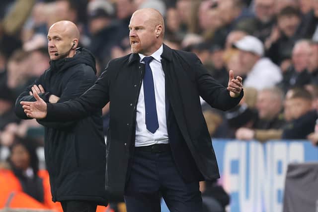 Sean Dyche, Manager of Everton, reacts during the Premier League match between Newcastle United and Everton FC at St. James Park on April 02, 2024 in Newcastle upon Tyne, England. (Photo by George Wood/Getty Images) (Photo by George Wood/Getty Images)