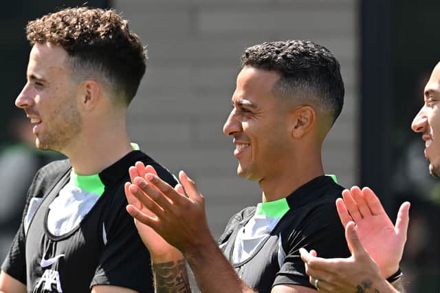 Thiago Alcantara, right, in Liverpool training. (Photo by John Powell/Liverpool FC via Getty Images)