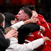 Alexis Mac Allister of Liverpool celebrates after scoring the second goal during the Premier League match between Liverpool FC and Sheffield United at Anfield on April 04, 2024 in Liverpool, England. (Photo by Andrew Powell/Liverpool FC via Getty Images)