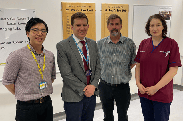 Dr Jason Lee, Clinical Research Fellow at LUHFT; Dr Phill Burgess, Honorary Consultant Ophthalmologist at St Paul’s Eye Unit at LUHFT; patient Steve Gotts, and Florina Caban, Research Nurse at LUHFT. Image: LUHFT