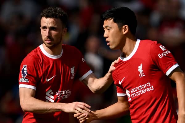 Liverpool pair Diogo Jota and Wataru Endo.  (Photo by Andrew Powell/Liverpool FC via Getty Images)