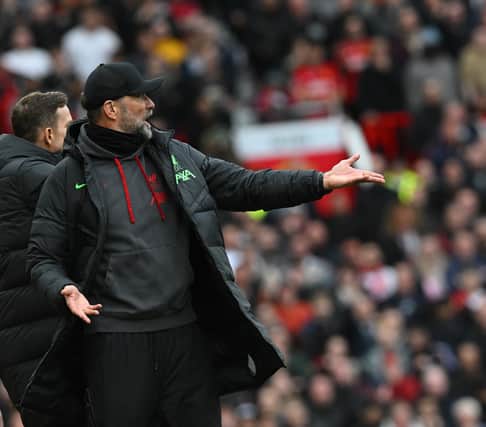 Jurgen Klopp manager of Liverpool during the Premier League match between Manchester United and Liverpool FC at Old Trafford on April 07, 2024 in Manchester, England. (Photo by John Powell/Liverpool FC via Getty Images)