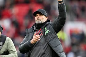 Jurgen Klopp, Manager of Liverpool, acknowledges the fans after the draw during the Premier League match between Manchester United and Liverpool FC at Old Trafford on April 07, 2024 in Manchester, England. (Photo by Michael Regan/Getty Images)